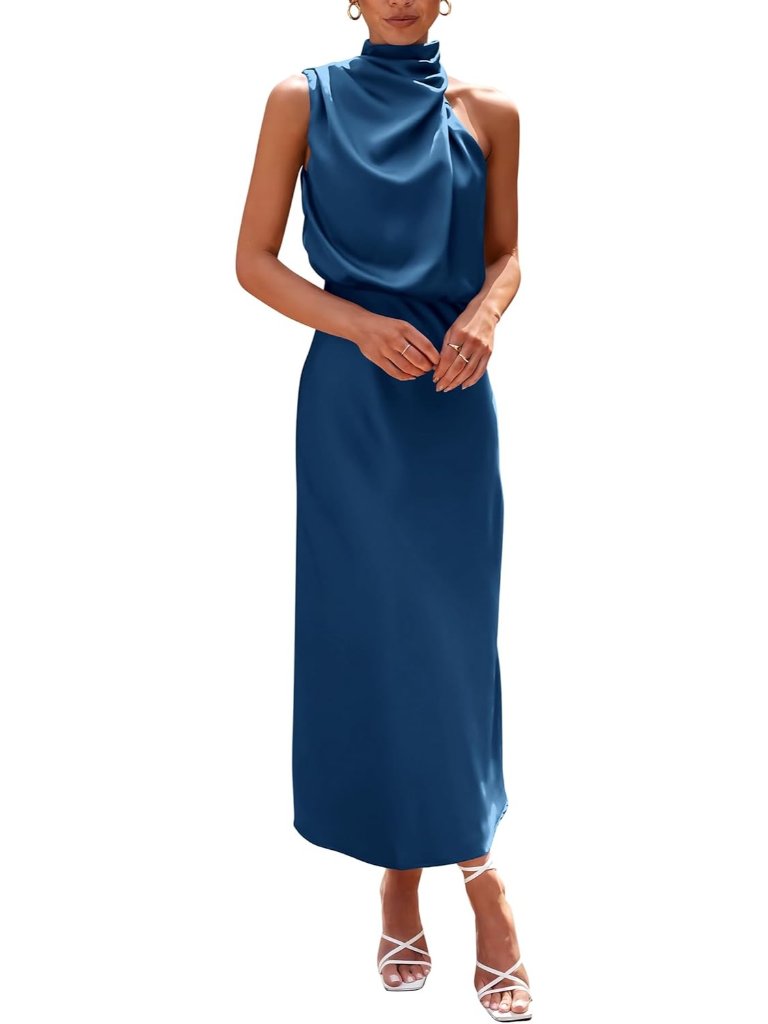 Women's Summer Satin Dress Dark Blue Sleeveless Mock Neck Cocktail Maxi Dress